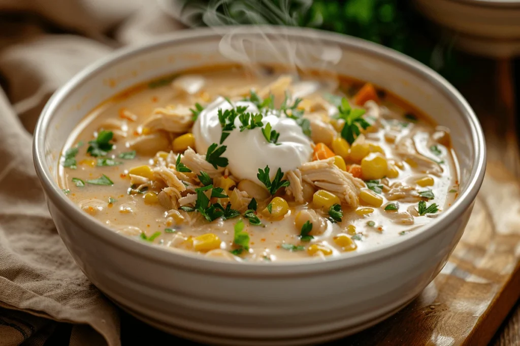 creamy white chicken chili soup with shredded chicken white beans corn and sour cream served in a bowl