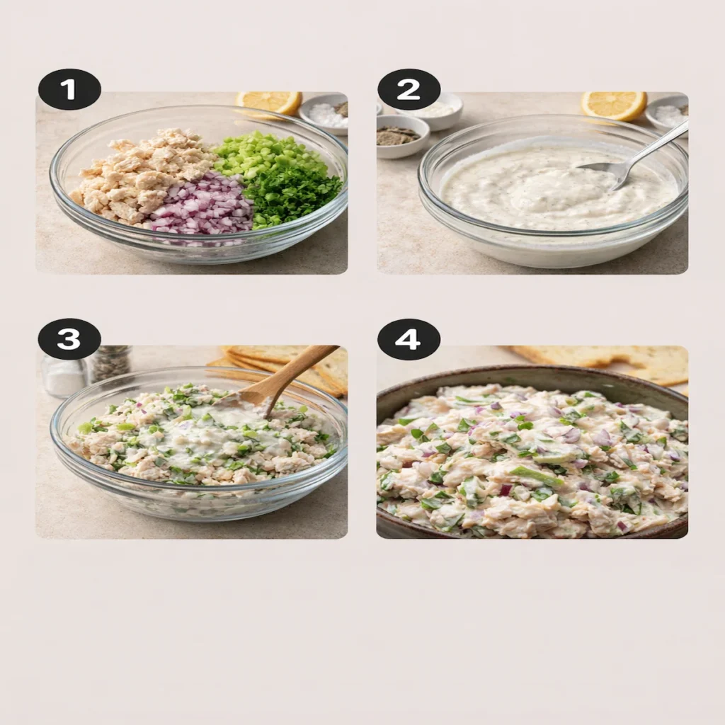 chick fil a chicken salad recipe preparation mixing shredded chicken celery onion and creamy dressing in a bowl