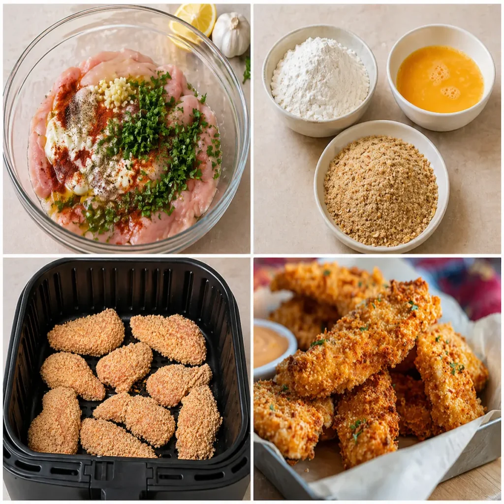 Air fryer crispy chicken tenders with marinade, coating process, and golden crispy result