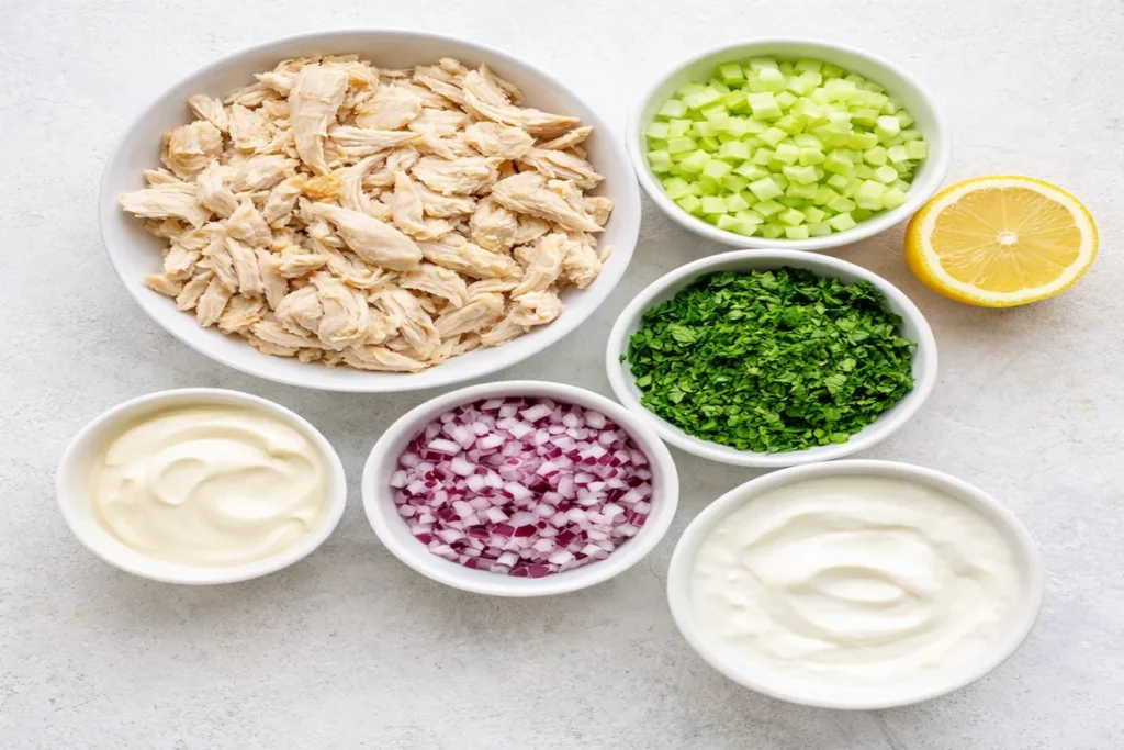 chick fil a chicken salad recipe ingredients with shredded chicken celery red onion parsley yogurt mayonnaise and lemon