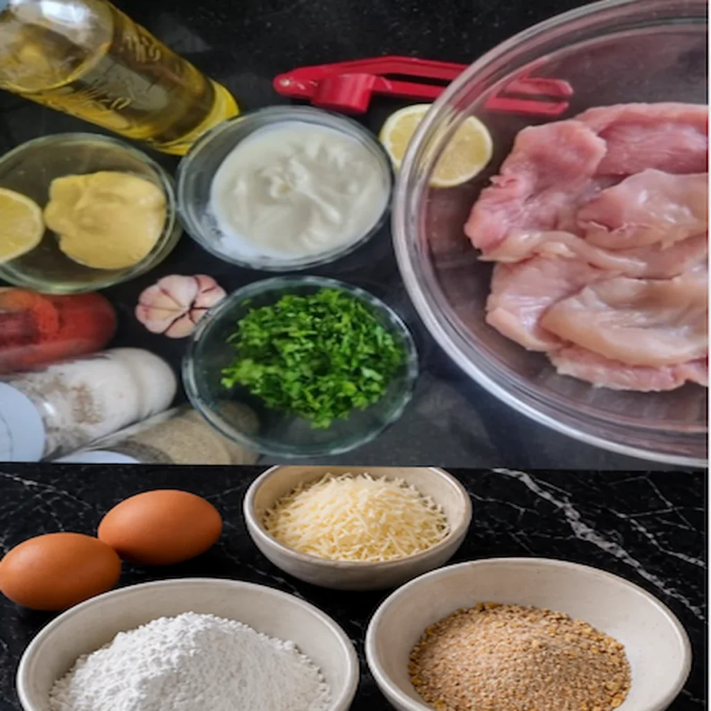 Full crispy chicken ingredients setup showing raw chicken with yogurt marinade, garlic, herbs, lemon, and coating ingredients like eggs, flour, breadcrumbs, and grated cheese