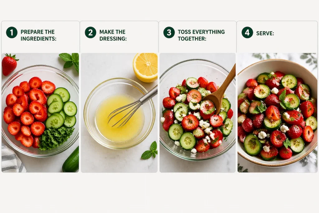 Strawberry cucumber feta salad being prepared in a bowl with fresh sliced strawberries, cucumber, feta cheese, and mint mixed together with lemon juice.