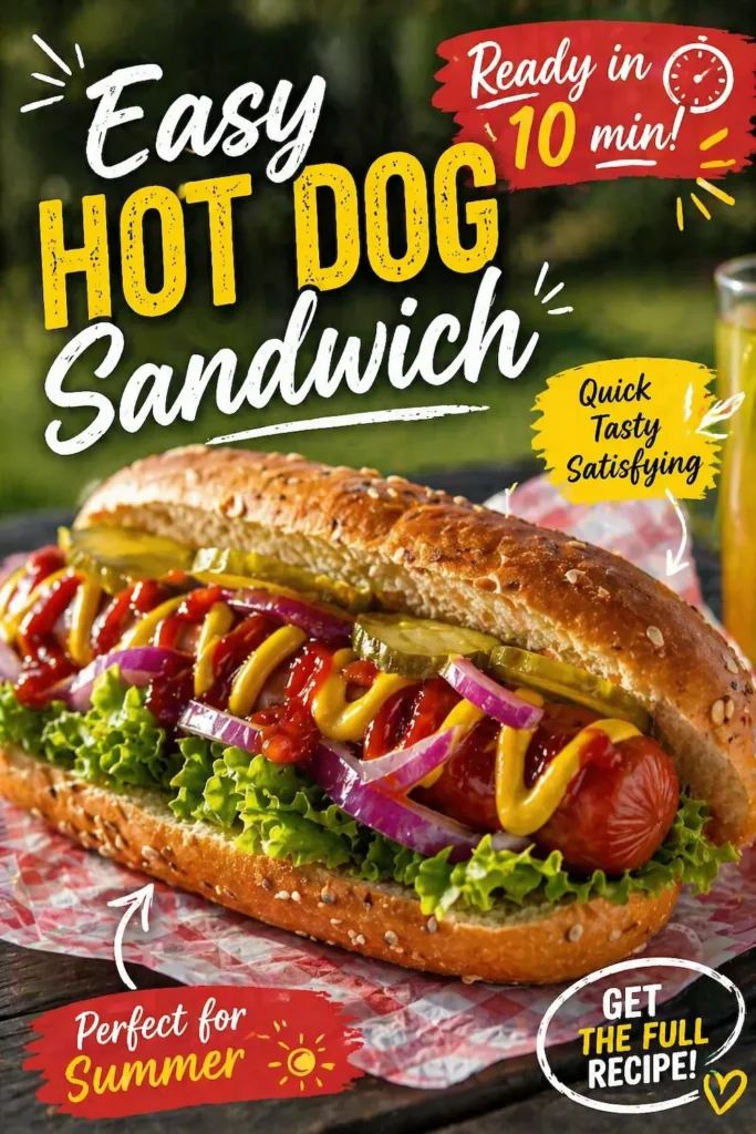 Easy hot dog sandwich with lettuce, onions, pickles, ketchup and mustard in a soft bun