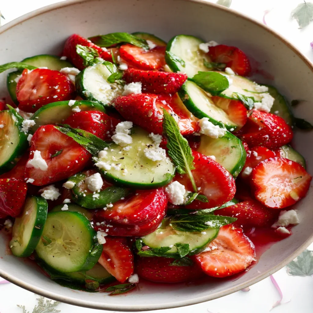 Fresh strawberry cucumber feta salad with mint and lemon in a bowl, colorful and light summer recipe with sweet and savory flavors.