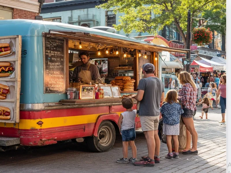 Street food stand serving easy hot dog sandwiches to customers outdoors