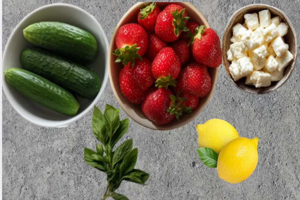 Fresh ingredients for strawberry cucumber feta salad including strawberries, cucumber, feta cheese, mint, and lemon on a clean surface.