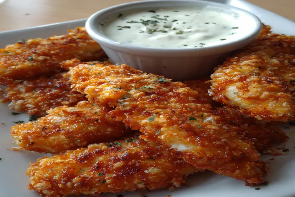 Crispy chicken tenders cooked in air fryer served with dipping sauce