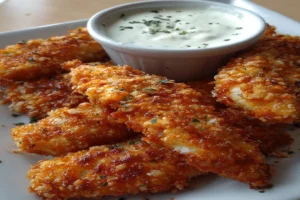 Crispy chicken tenders cooked in air fryer served with dipping sauce