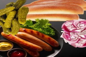 Easy Hot dog sandwich ingredients including buns, sausages, sliced onions, pickles, lettuce, ketchup and mustard