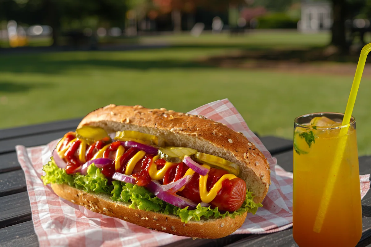 Easy hot dog sandwich with fresh toppings including lettuce, onions, pickles, ketchup and mustard, served with a refreshing drink, quick snack idea, light summer meal.