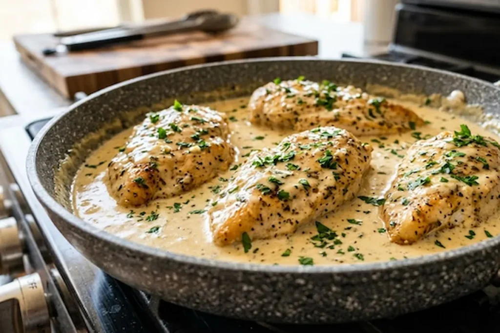 Creamy Garlic Lemon Chicken Skillet with four golden chicken breasts in a rich Parmesan cream sauce, herbs, and freshly chopped parsley.