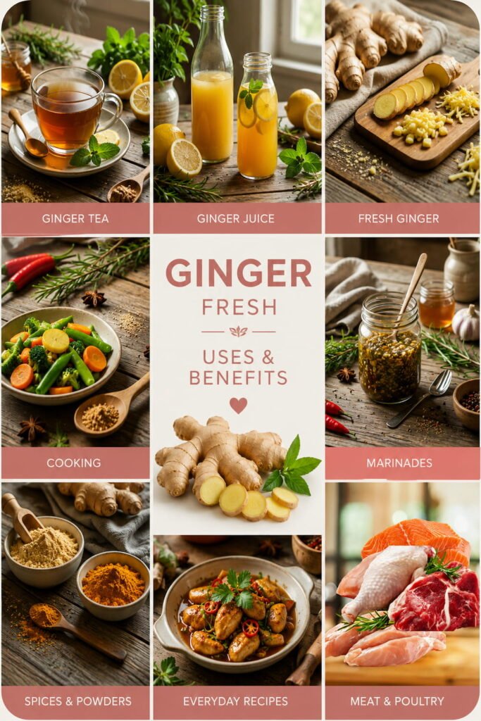 Ginger Uses and Benefits with homemade ginger tea, fresh ginger, and healthy everyday recipes