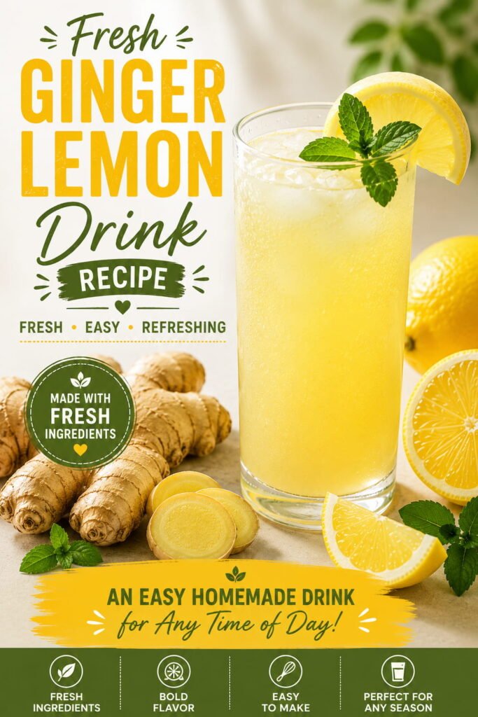 Refreshing homemade ginger lemon drink served over ice with fresh lemon slices, mint leaves, and natural ingredients