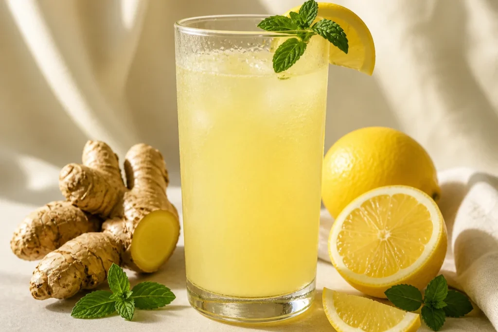 Fresh homemade Ginger lemon drink served with fresh lemon slices and ginger on a bright kitchen setting