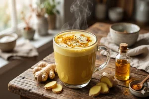 Homemade ginger turmeric wellness latte in a transparent glass mug with fresh ginger and cozy healthy lifestyle atmosphere