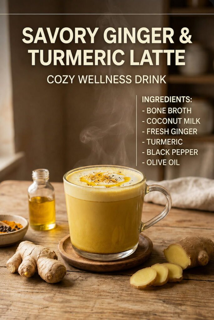 Savory ginger turmeric wellness latte in a transparent glass mug with fresh ginger, warm steam, and cozy homemade healthy lifestyle atmosphere