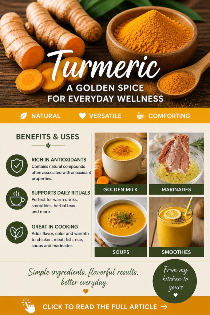 Turmeric benefits infographic featuring golden milk, meat marinade, soups, smoothies, and healthy cooking inspiration