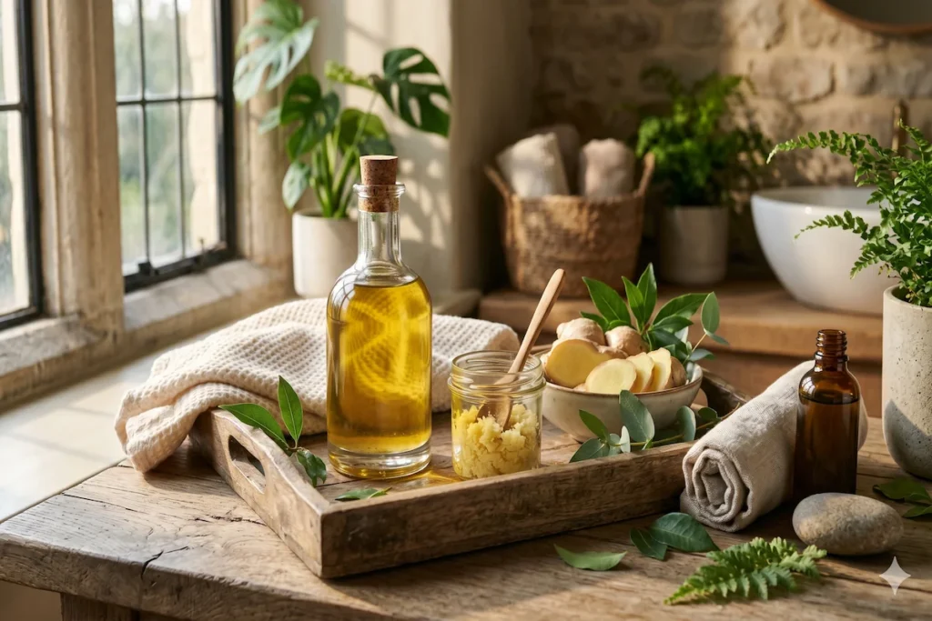 Ginger Uses and Benefits with homemade ginger hair oil and natural beauty ingredients