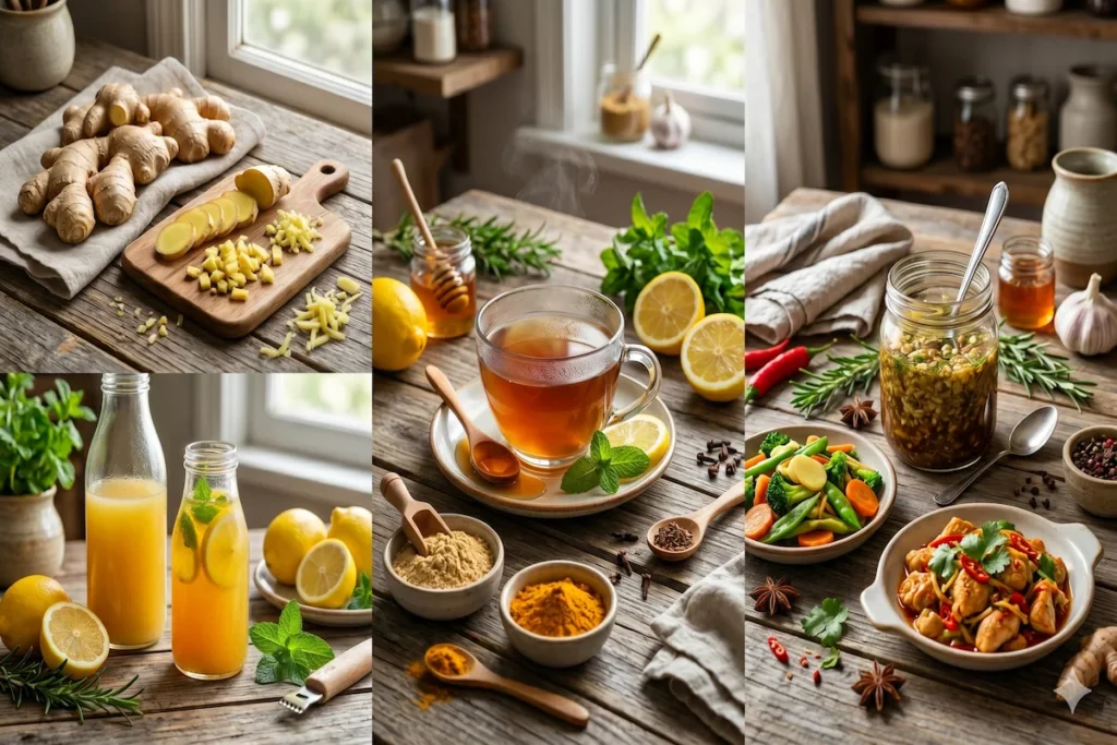 Fresh Ginger uses and benefits shown through homemade tea, lemon juice, marinades, and everyday cooking recipes on a rustic kitchen table