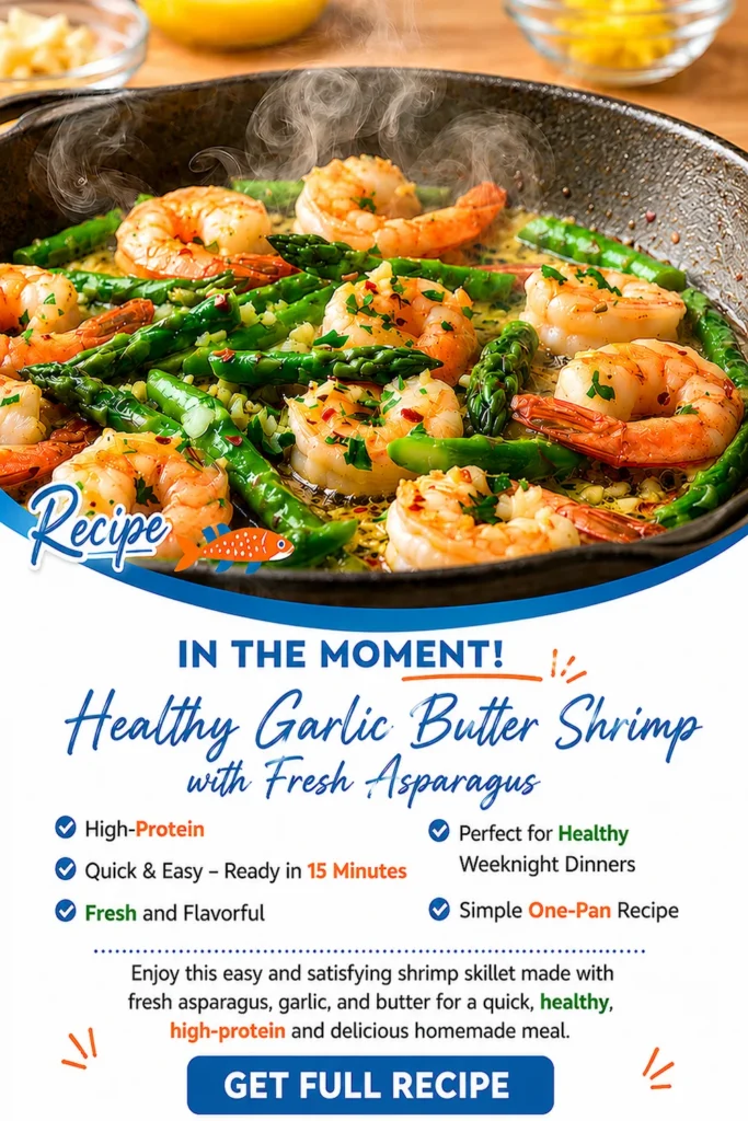 Healthy garlic butter shrimp and asparagus Pinterest recipe graphic