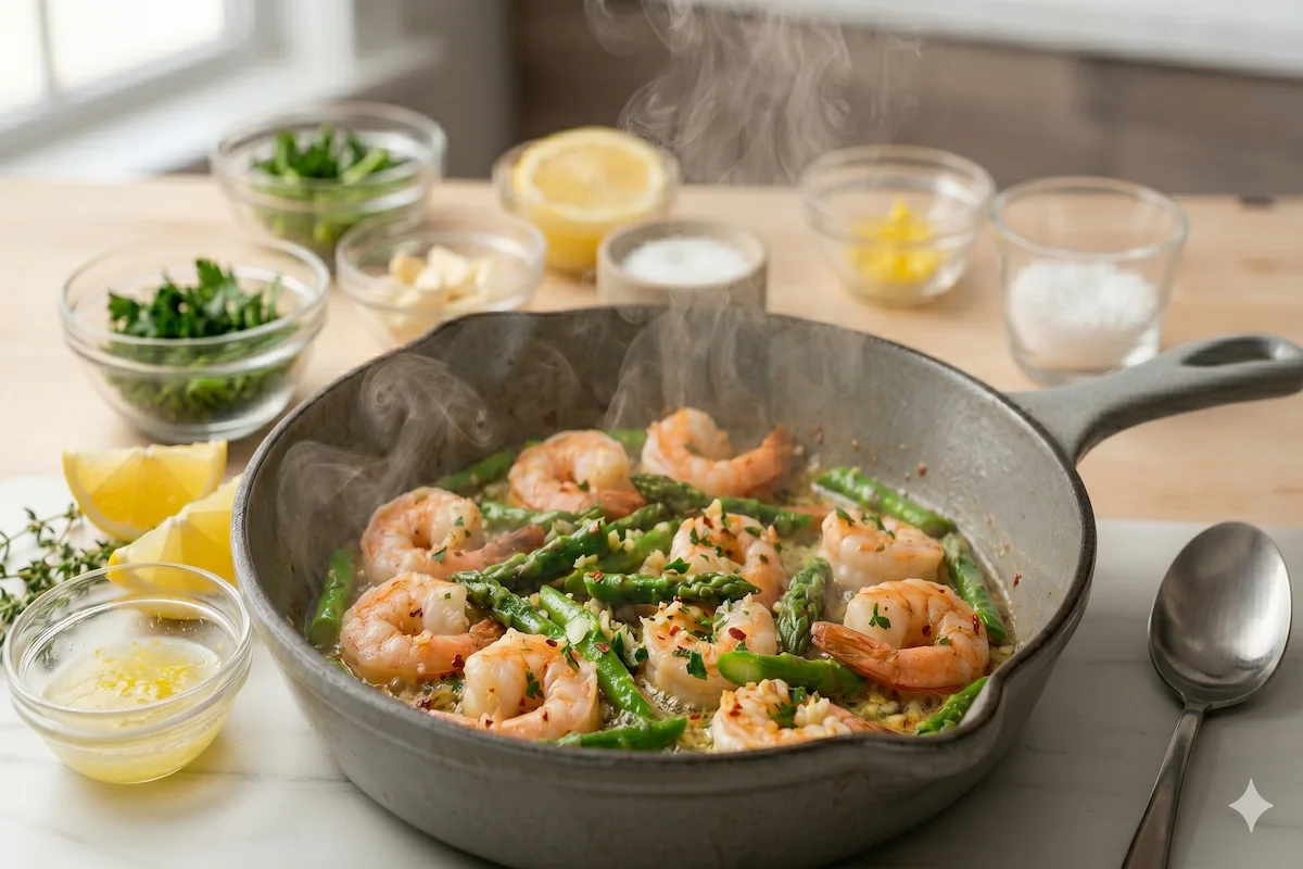 Irresistible garlic butter shrimp and asparagus skillet served hot in a pan