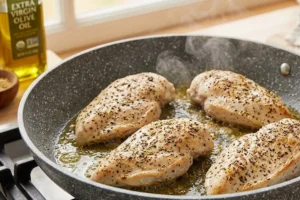 Four seasoned chicken breasts searing in a gray granite skillet with olive oil and butter over medium-low heat